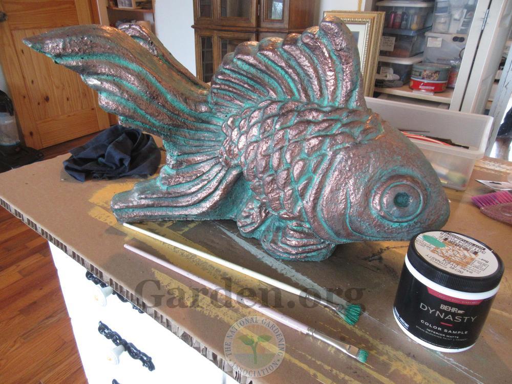 How to paint copper look on my concrete goldfish spitter? in the Garden